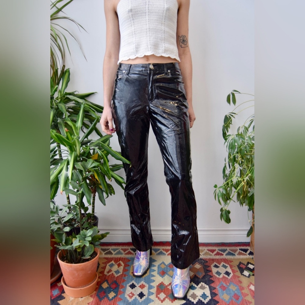 Vintage 90s Vinyl Black Flare Pants Broken Zipper